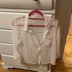 Hollister White and Pink Polka Dot Kids Button Down Shirt